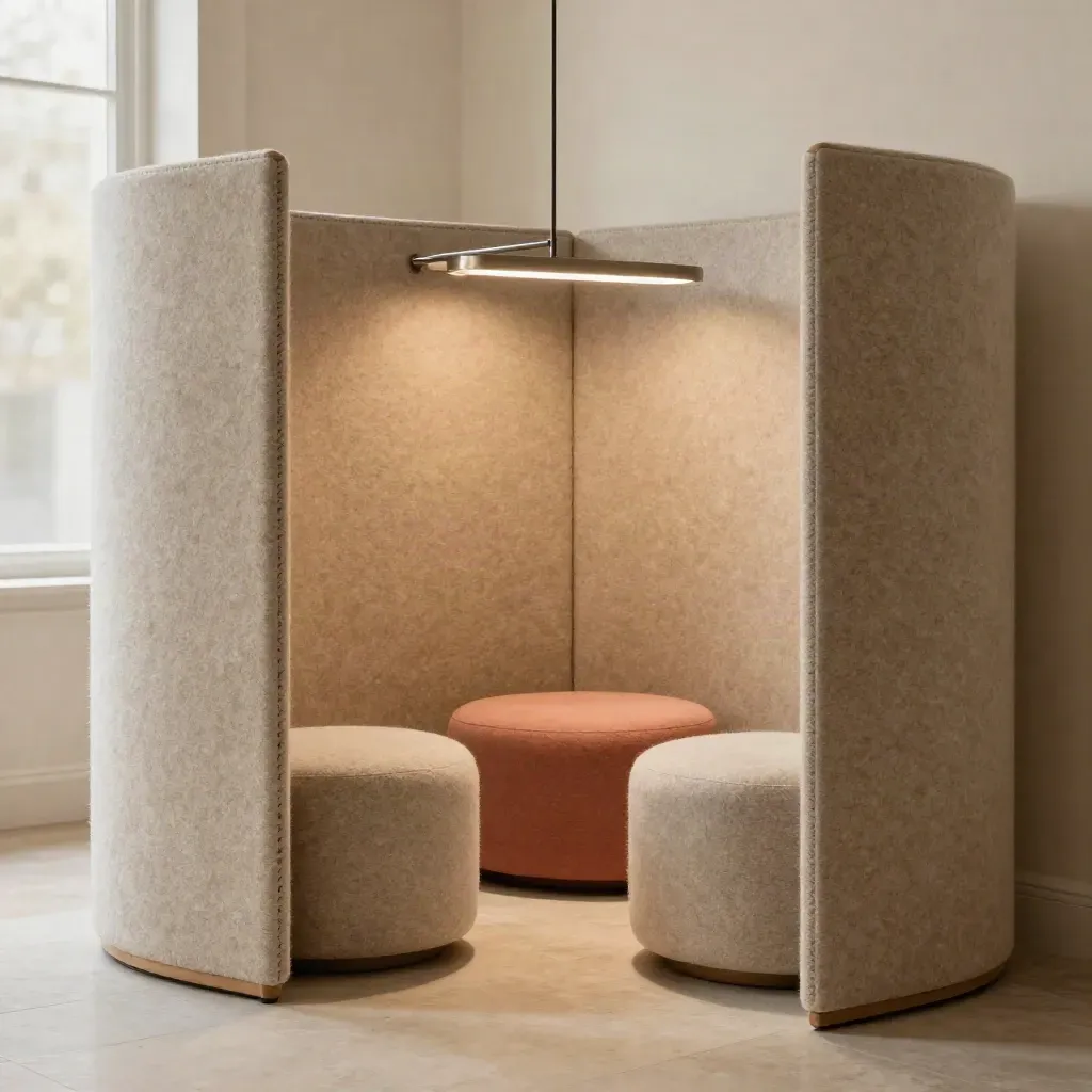 Nook acustico con pannelli feltro, pouf neutri e barra luminosa centrale in luce calda
