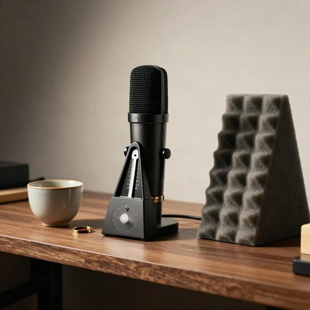 Microfono, metronomo, tazza e campione fonoassorbente su mensola da studio.