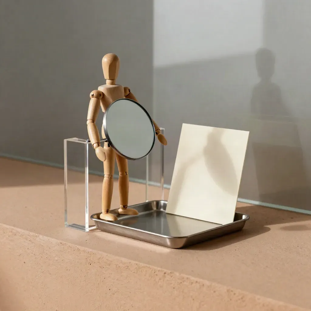 Figurina in legno, specchio convesso e blocchi acrilici su vassoio metallico, luce radente.