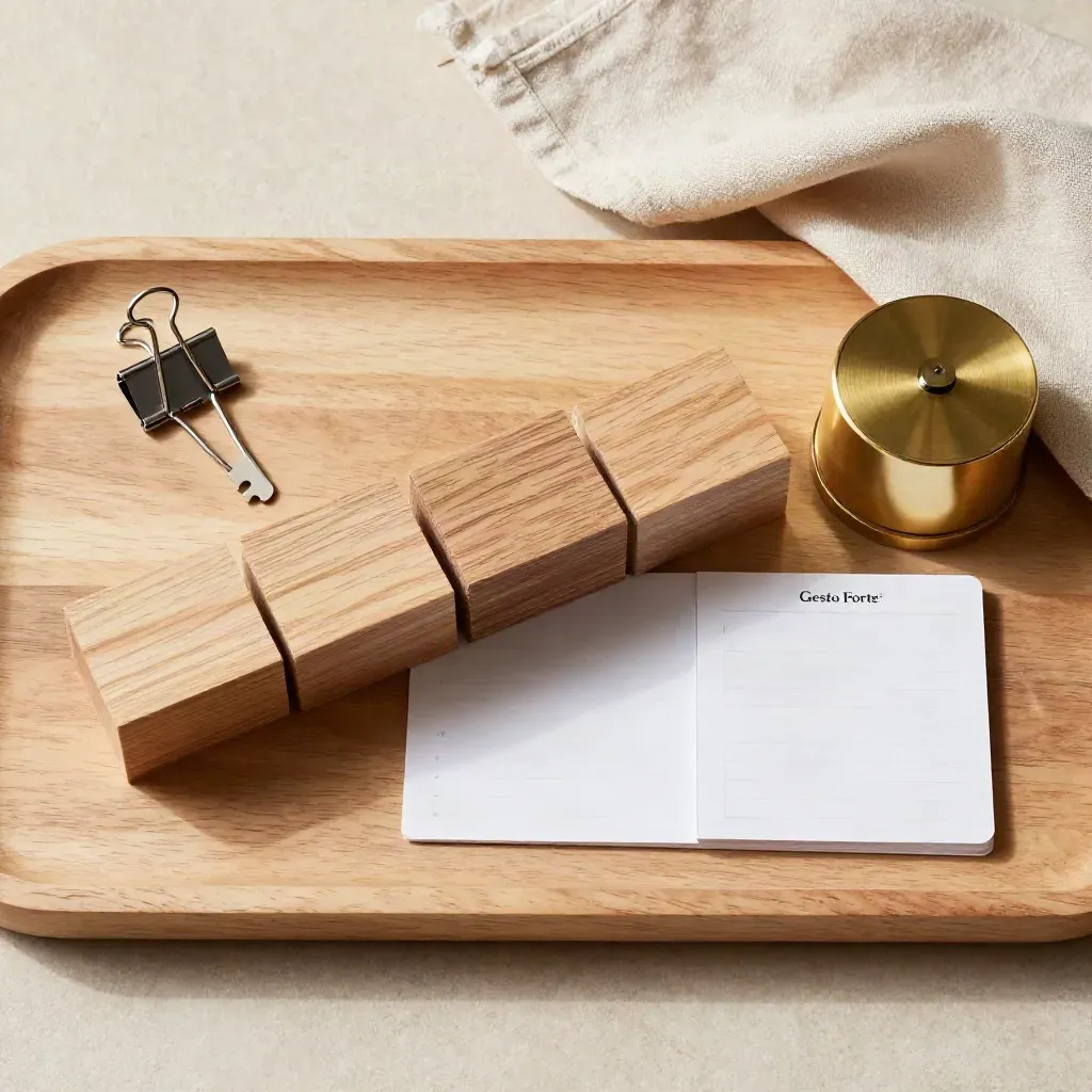 Blocchi in legno, timer in ottone e carte su vassoio chiaro, stile ordinato.