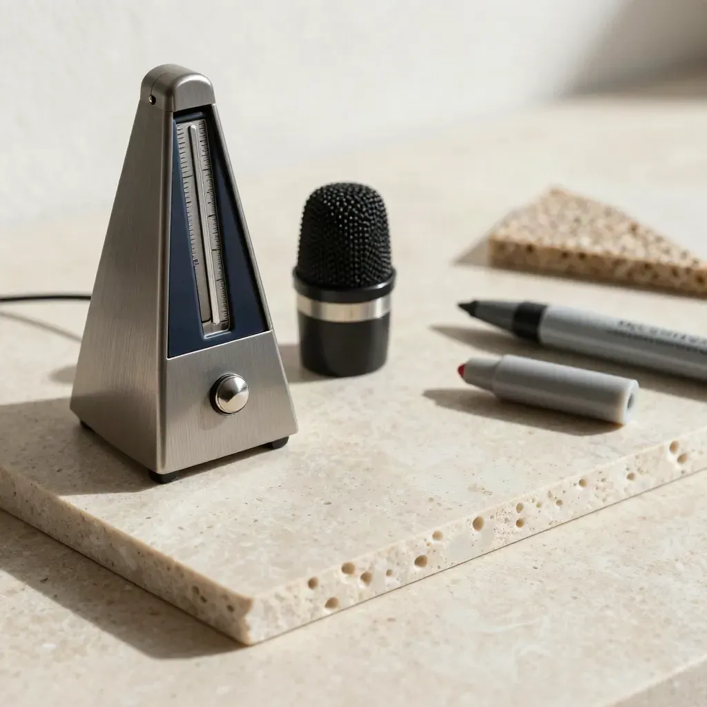 Metronomo, capsula microfono, tassello acustico e cappuccio marker su lastra di pietra