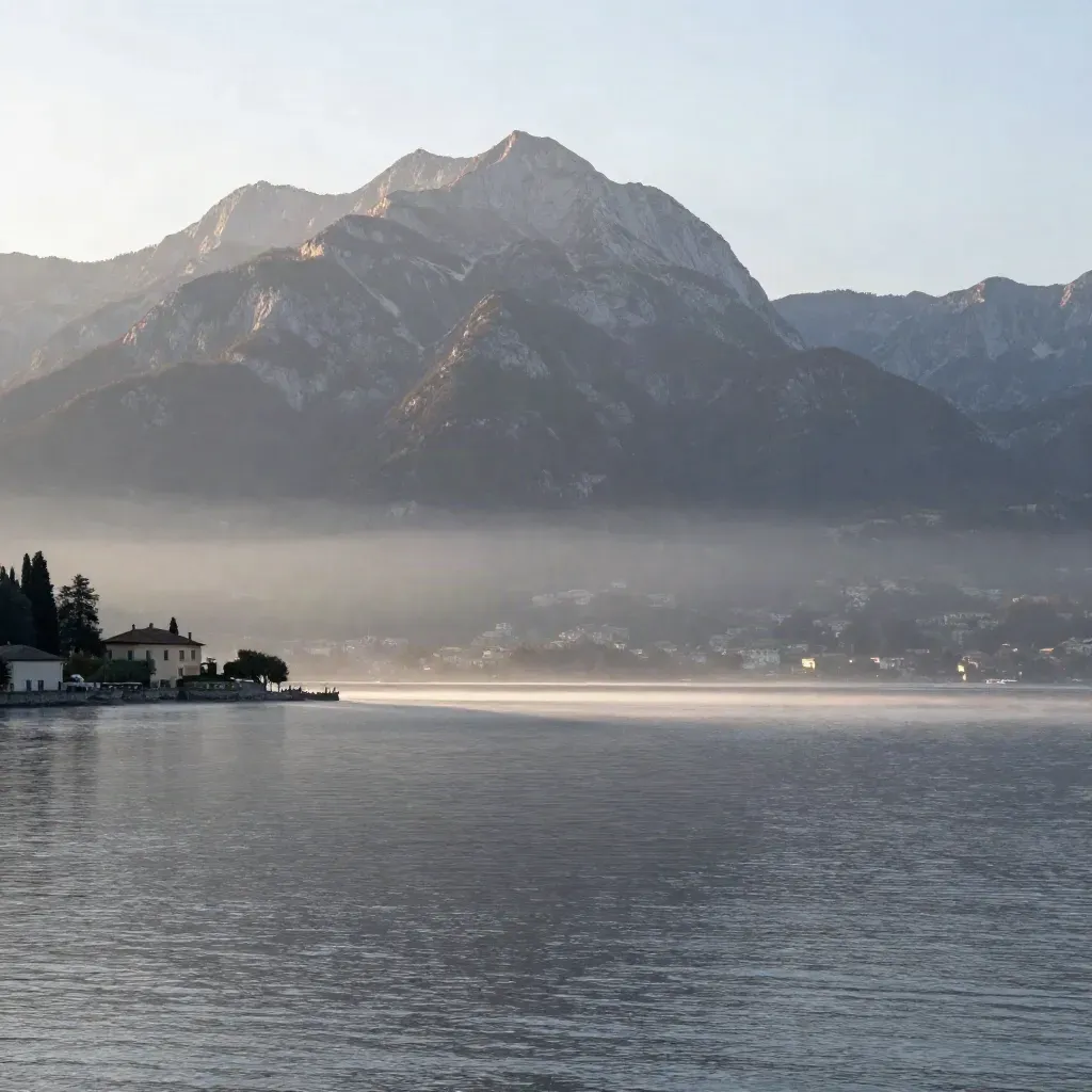 Lago di Como all’alba con la nebbia che si alza e le montagne alte sullo sfondo.