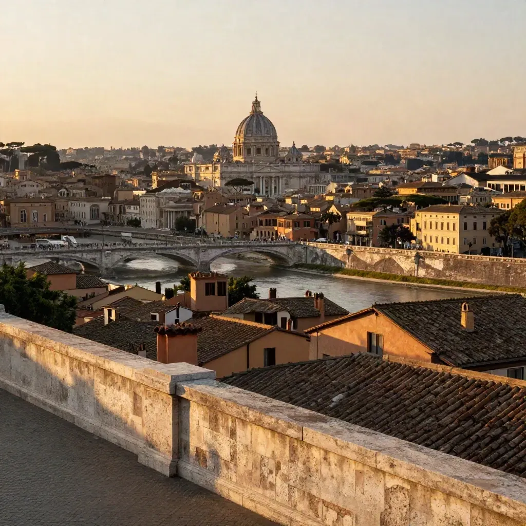 Vista dorata di Roma con cupole e Tiber sotto un cielo di calore estivo.