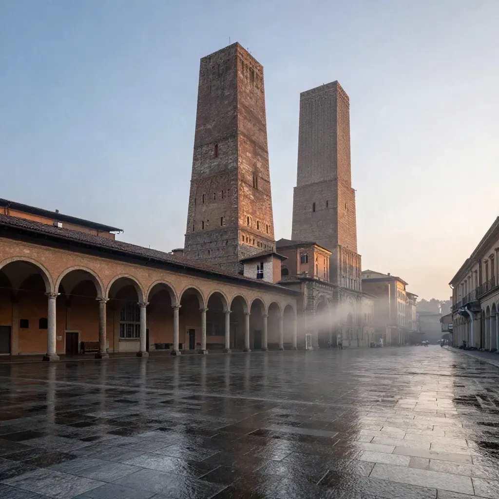 Bologna al crepuscolo con le Due Torri in alto e piazza bagnata vuota sotto.