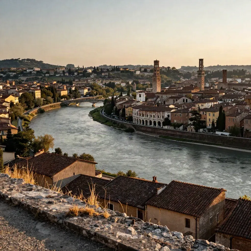Verona al tramonto dall'altura, Adige sinuoso e arena in alto sulla valle.