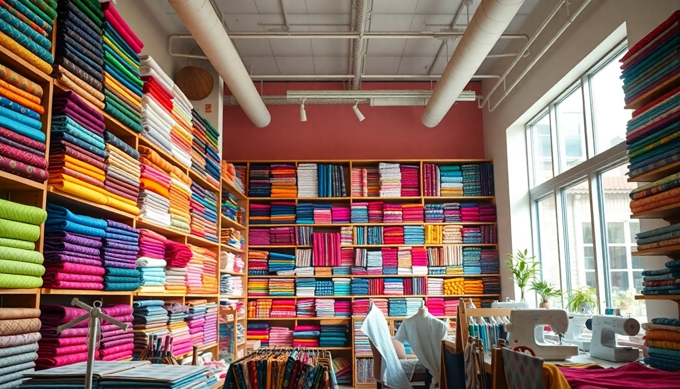 Aankoop van stoffen winkel online met kleurrijke stoffen en een uitnodigende sfeer.