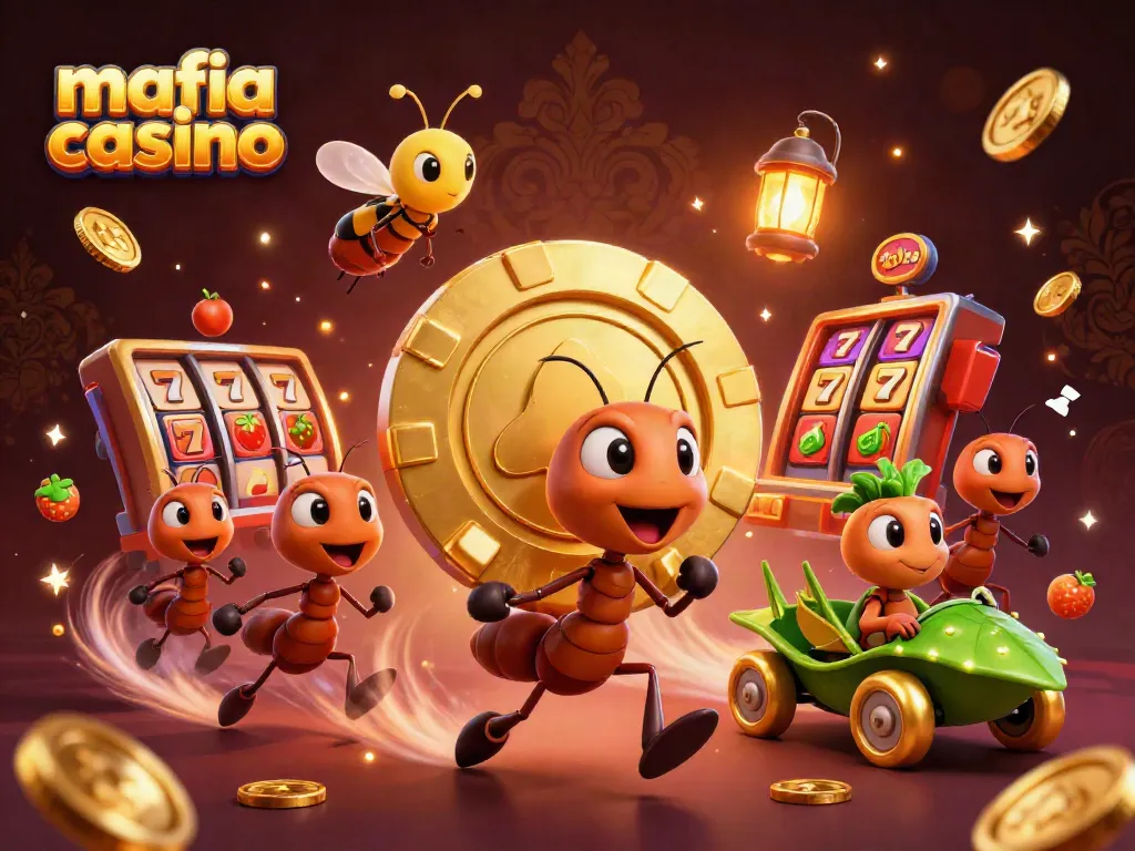 Mafia casino scene featuring ants heisting a giant poker chip surrounded by vibrant gaming elements.