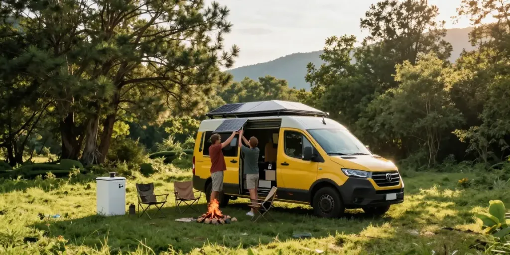Setting up solar panels on a campervan for rokok88 login adventure.