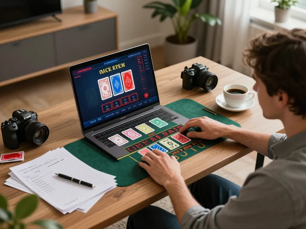 Player enjoying net88 baccarat on a laptop at home, showcasing strategic gameplay.