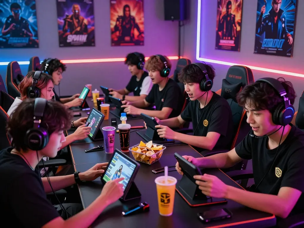Exciting gaming session with players engaging in tải sun win on mobile devices surrounded by vibrant lights and snacks.