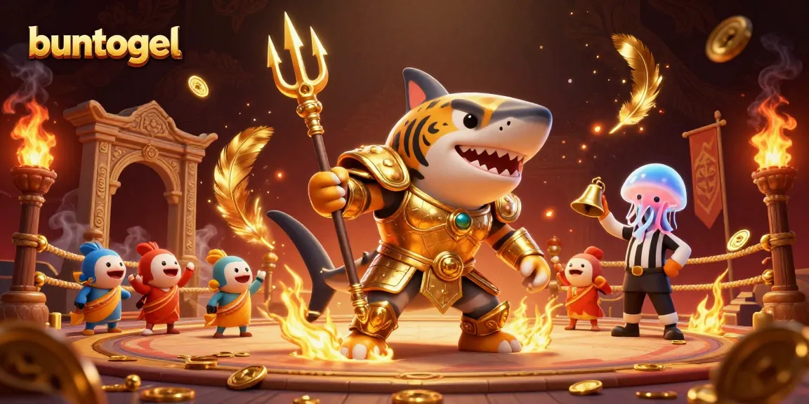 Buntogel showcases a dynamic underwater casino scene with a gladiator shark and cheering fish.