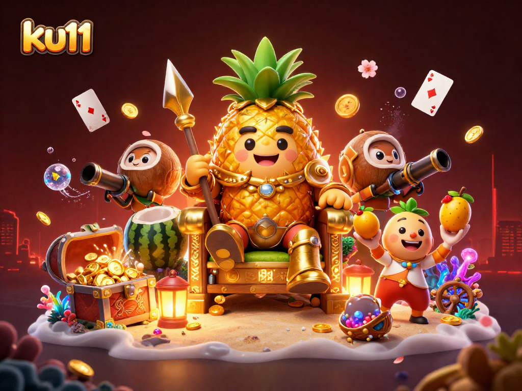 Experience the vibrant fun at ku11 casino with the golden pineapple king and his lively guard.