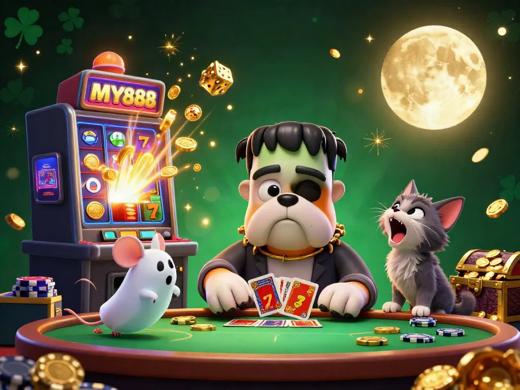 Experience the excitement of MY888 with a monstrous bulldog dealer, ghostly mouse, and werewolf kitten in a vibrant casino setting.