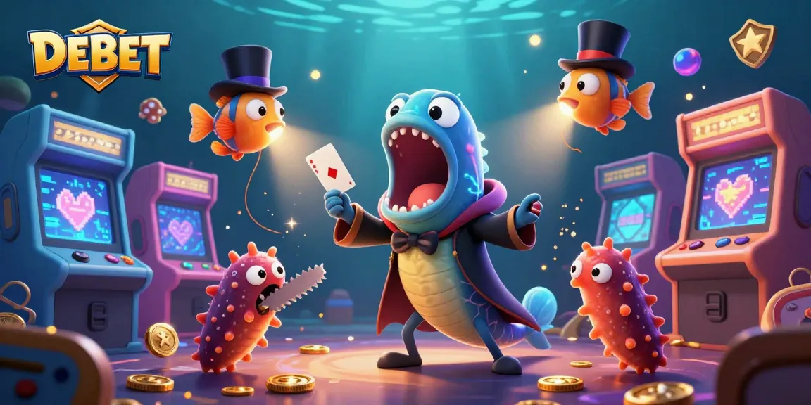 Join the fun and experience DEBET's vibrant casino atmosphere with exciting characters and arcade games in a dynamic scene.