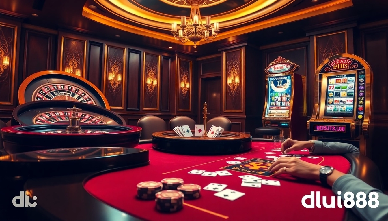 The excitement of a high-stakes casino game featuring the du88 roulette wheel, vibrant poker tables, and gleaming slot machines.