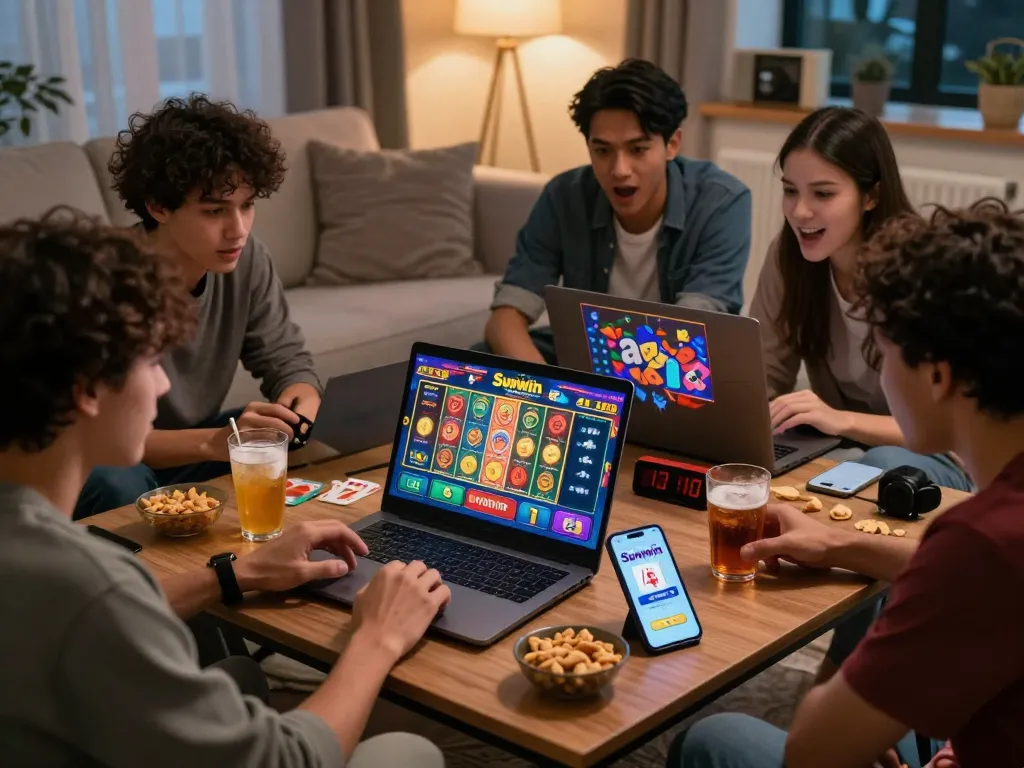 Play tải sun win in a lively gaming night with friends in a cozy living room.