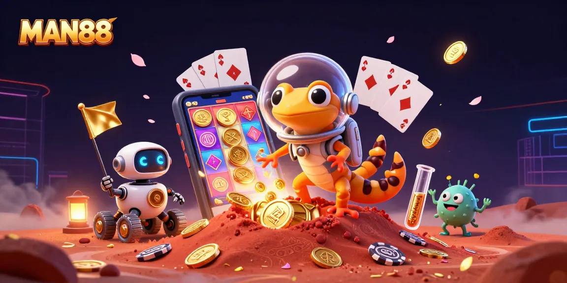 Cheerful Martian gecko and robot celebrate winnings at MAN88, surrounded by vibrant casino elements.