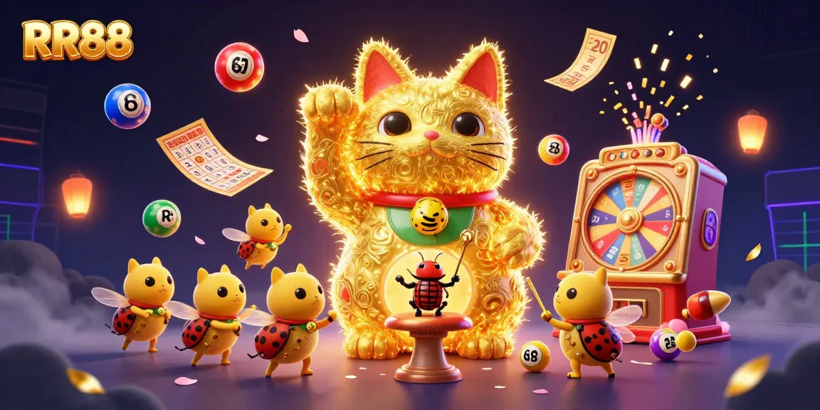 Engage with the exciting world of RR88 as a golden lucky cat and colorful gambling elements create a vibrant casino scene.