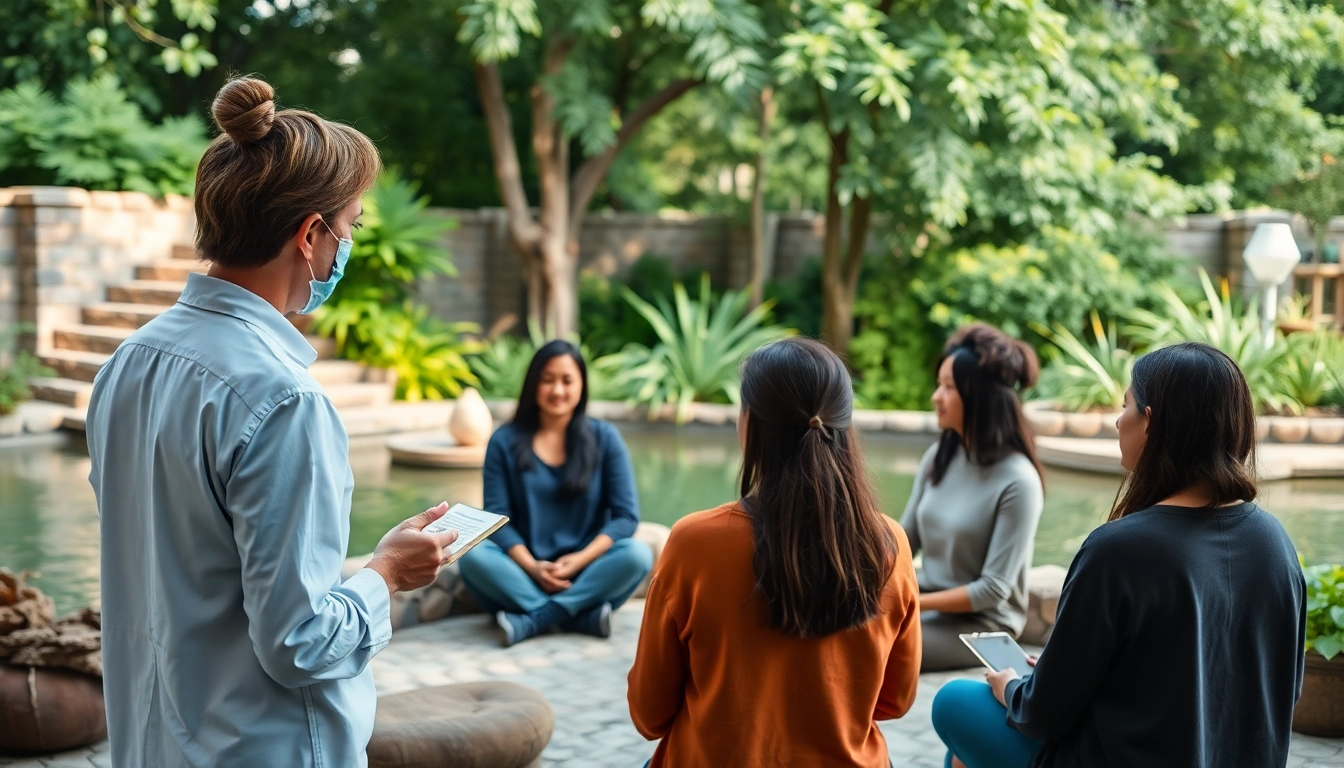 Mental wellness support group practicing mindfulness in nature, surrounded by greenery.