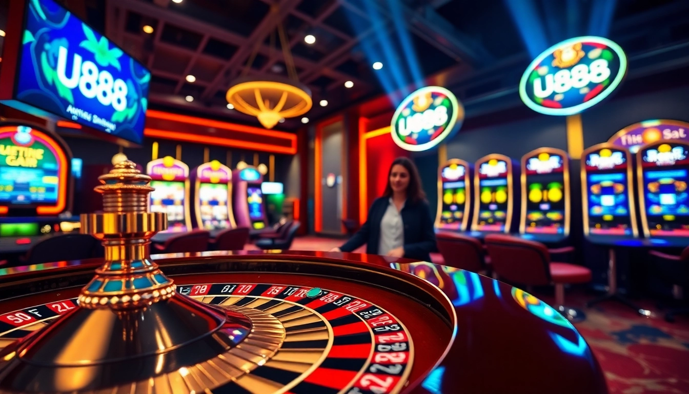 Experience U888's thrilling online gambling action with vibrant casino elements and engaging players.