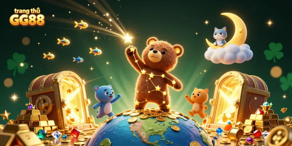 Engage with trang chủ GG88 as constellation bear scoops coins under a vibrant 3D casino scene.