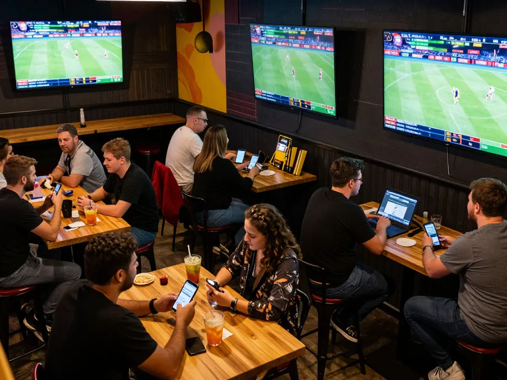 Engaged patrons enjoying live sports betting at OPEN88's vibrant sports bar.