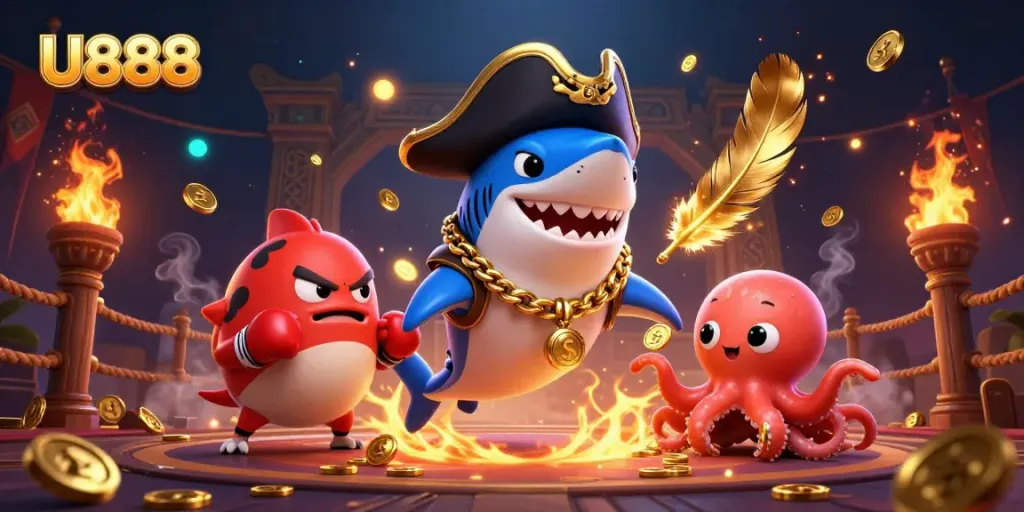 U888's thrilling gaming scene featuring characters and golden elements in a dynamic casino atmosphere.