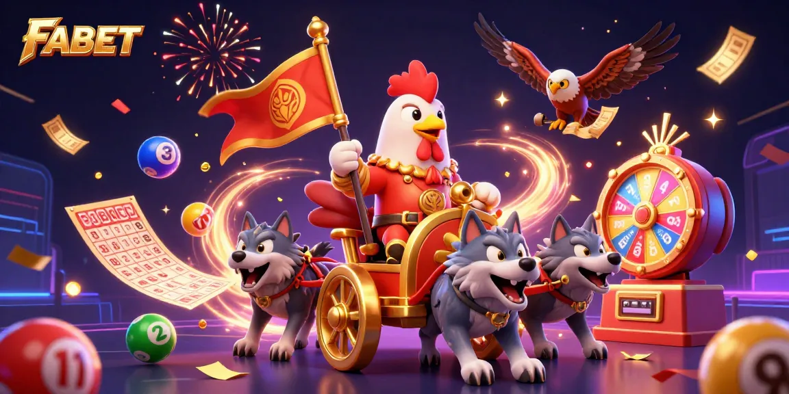 Engage with FABET in an exciting 3D casino illustration featuring dynamic lottery elements and a vibrant atmosphere.