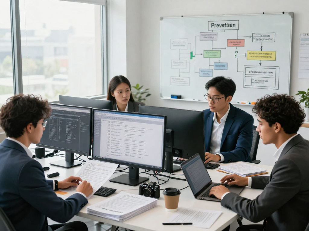 Document fraud detection meeting with professionals analyzing data in a modern office.