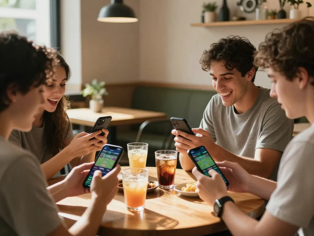 Players enjoying the J188 app for sports betting in a lively cafe setting.