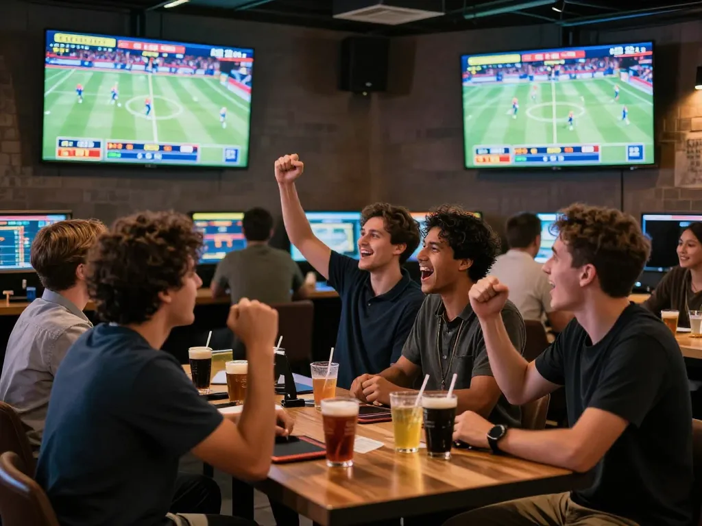 Engaged sports enthusiasts placing bets at qq88ae, celebrating wins in a vibrant betting atmosphere.