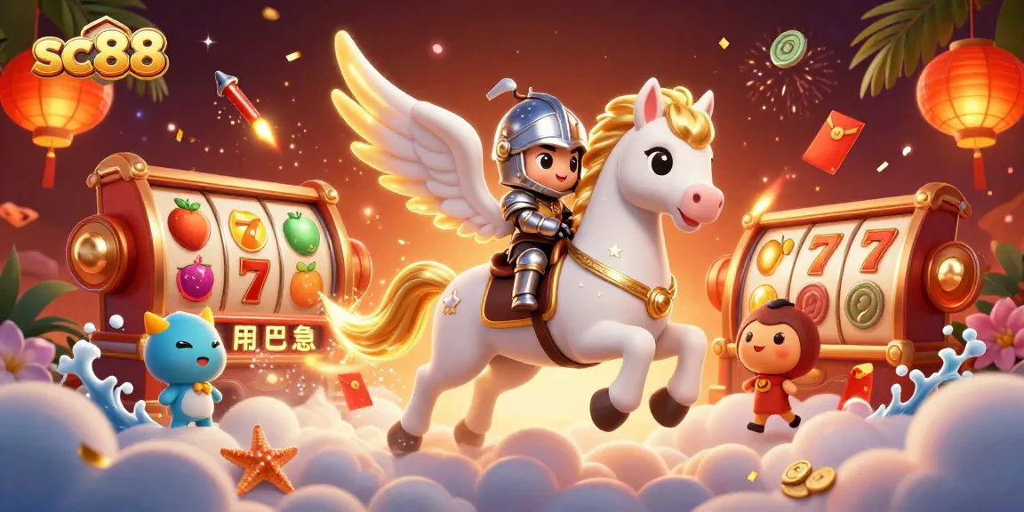 Engage with the thrilling slot action at sc88 as a celestial knight rides a magical horse amidst sparkling gaming elements.