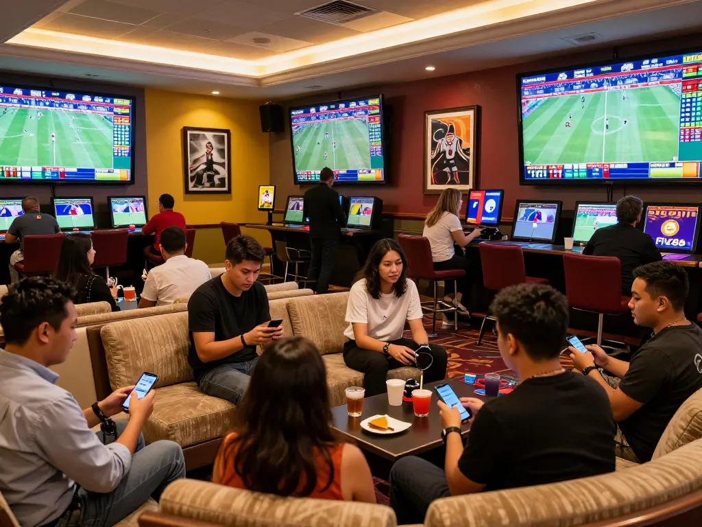 Patrons placing bets at FIVE88 sports lounge, vibrant atmosphere with screens displaying live events.