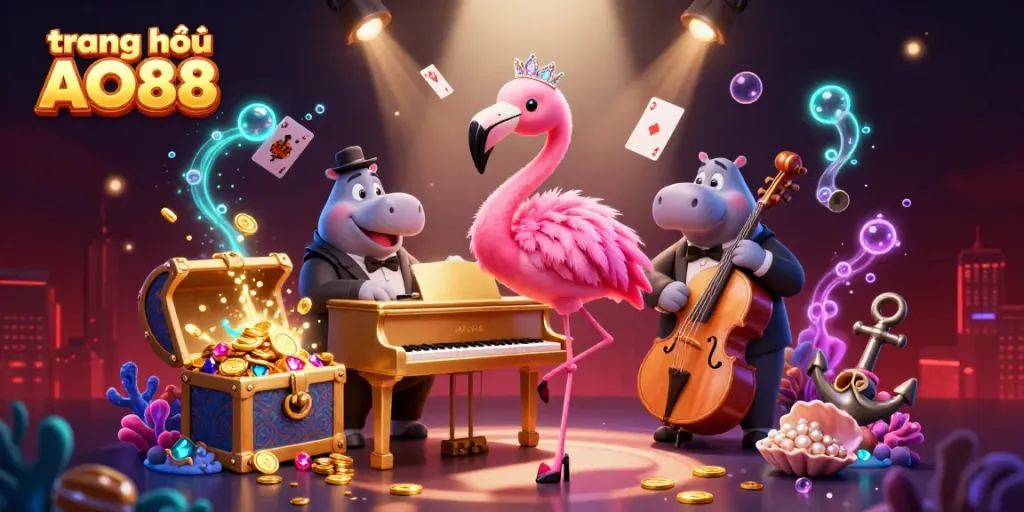 Experience the excitement at trang chủ AO88 with a lively animated casino scene featuring flamingos and hippos.