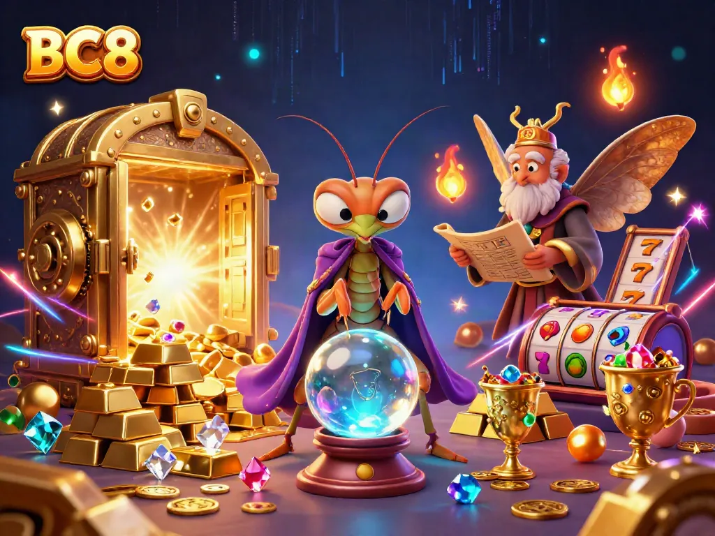 Experience big wins at BC8 with vibrant slot reels and fortune teller characters in a rich casino environment.