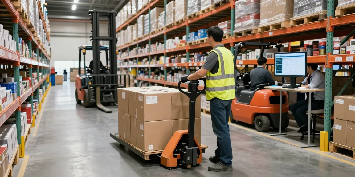 Pallet jack in action as an operator moves heavy loads in an efficient warehouse setting, highlighting productivity and safety.