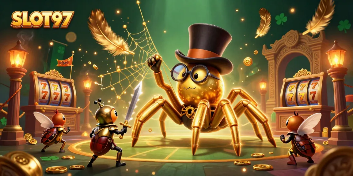 SLOT97 presents a vibrant casino scene with a golden tarantula and knight engaging in lively slots gameplay.