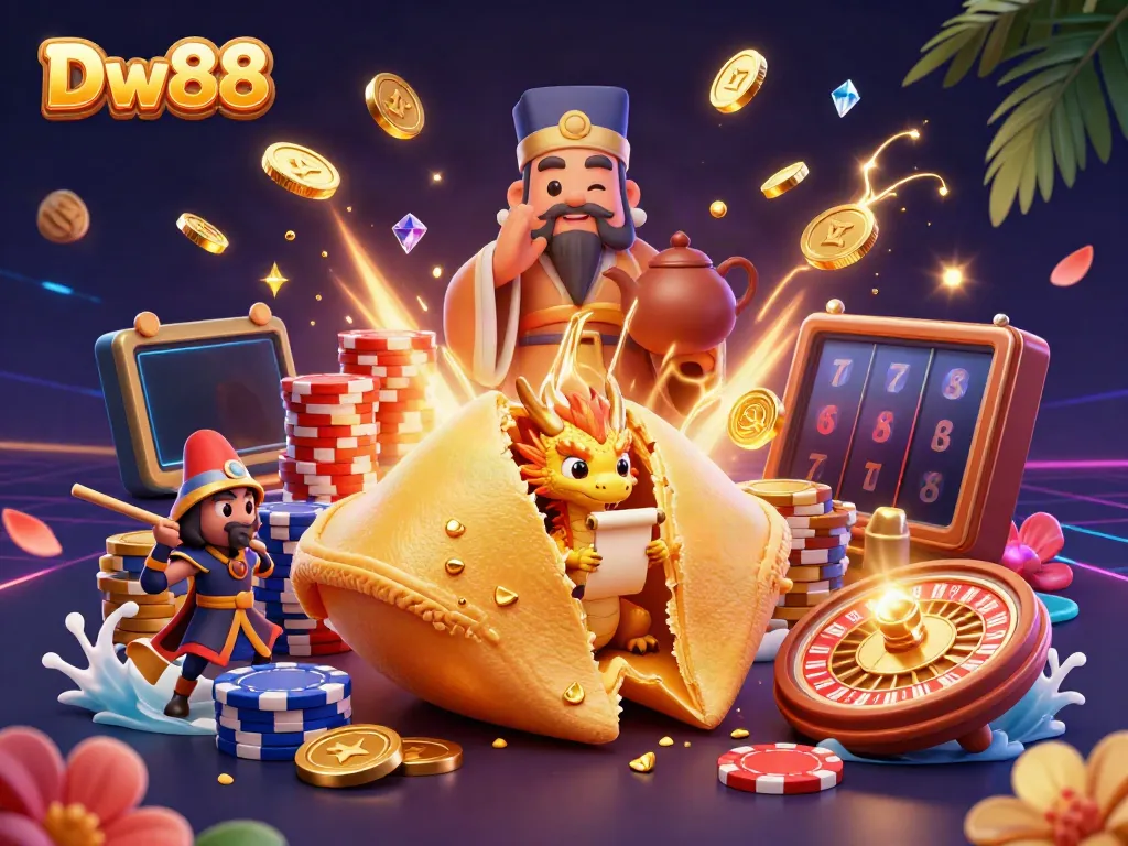 Experience the excitement of Dw88 online casino with a vibrant illustration showcasing a golden fortune cookie and animated gaming elements.