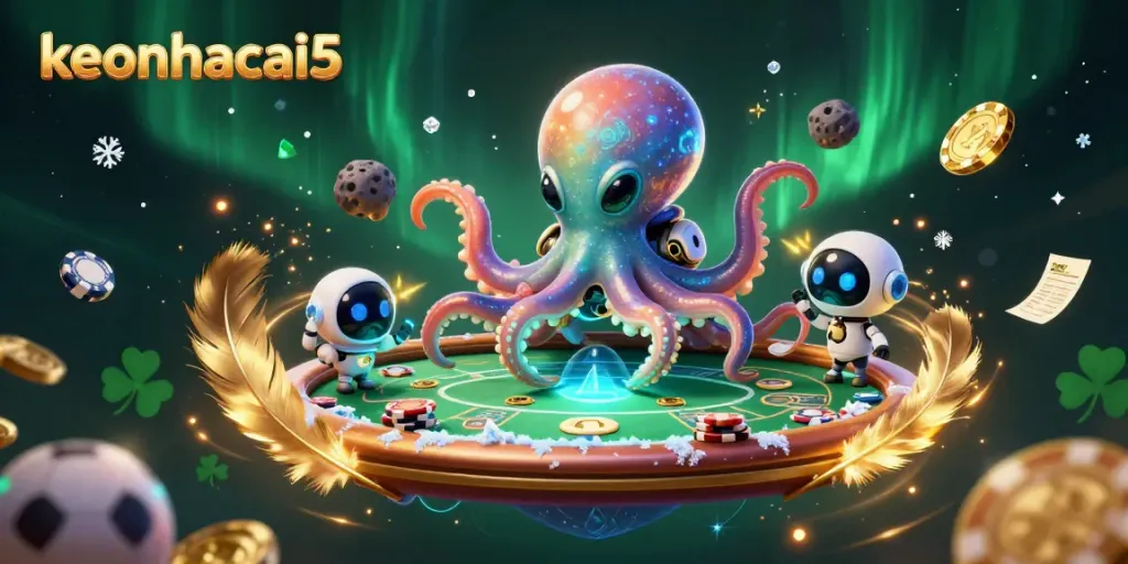 Engage with keonhacai5's dynamic betting scene featuring an alien octopus managing poker activities.