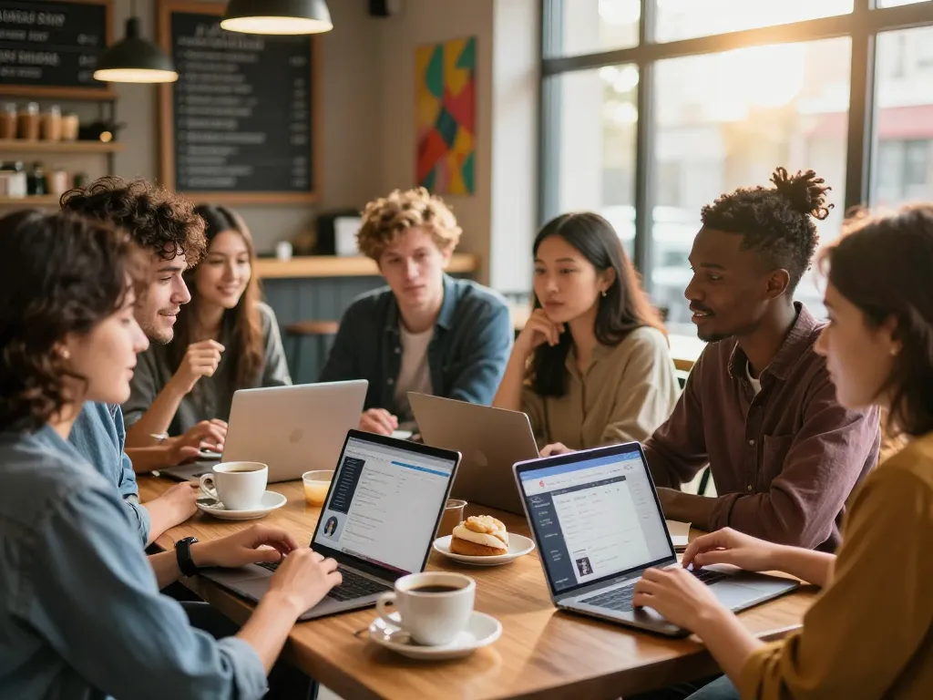 Group of friends discussing crush on character AI in lively coffee shop.