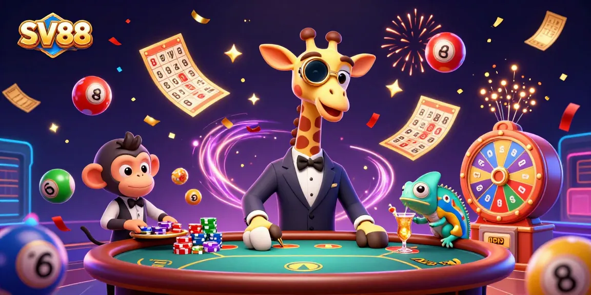 Experience thrilling entertainment at SV88 with a gambling scene of high-roller giraffes and vibrant lottery elements.