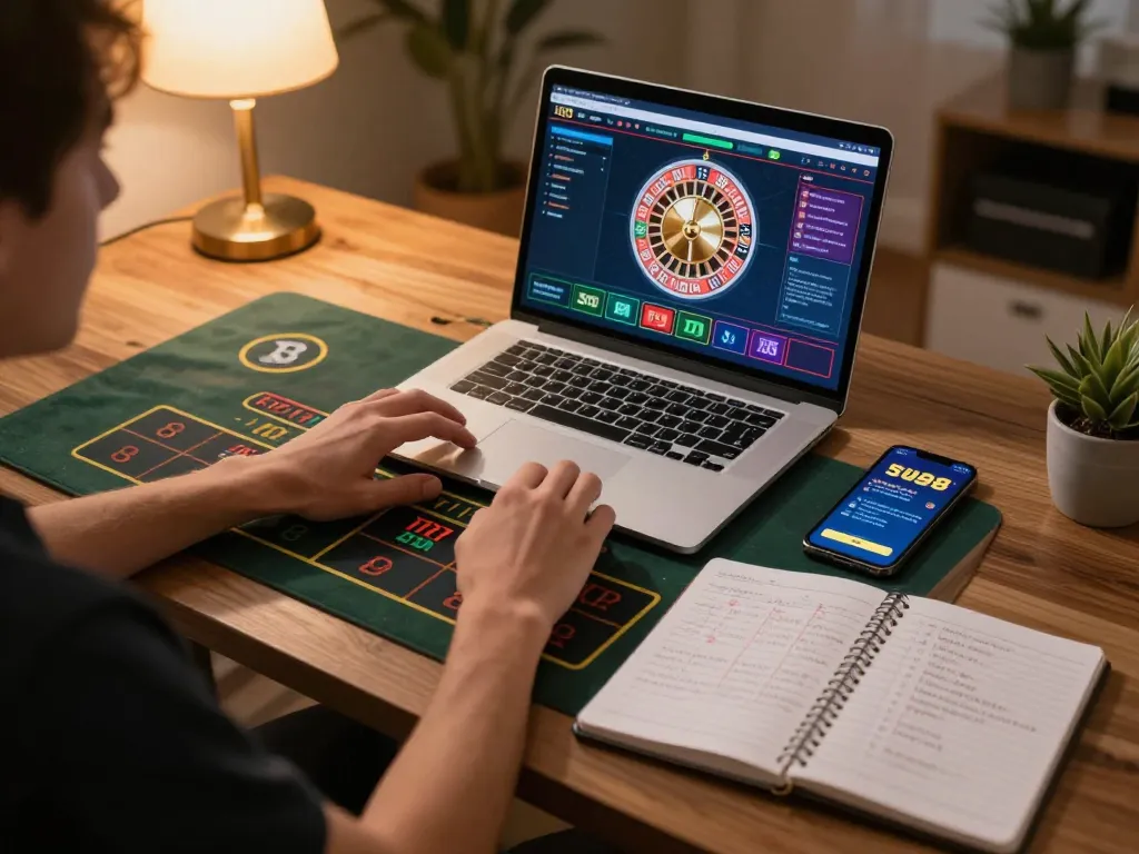 Engaging in strategic betting at five88 casino during live dealer game at home.