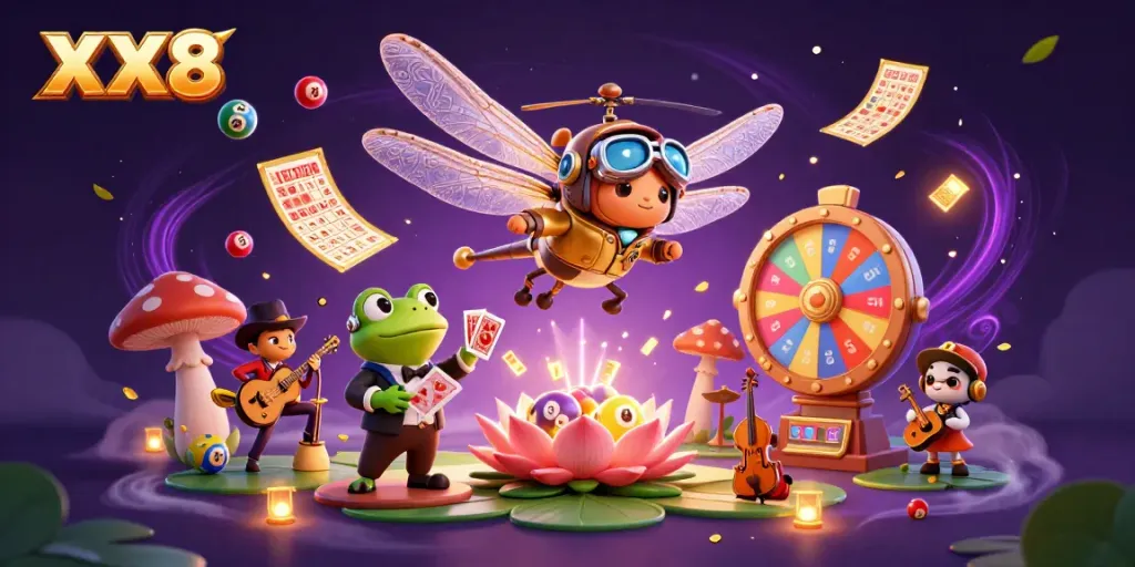 Experience the thrill of XX8 with a vibrant 3D illustration featuring a dragonfly pilot and a frog croupier amidst casino chaos.