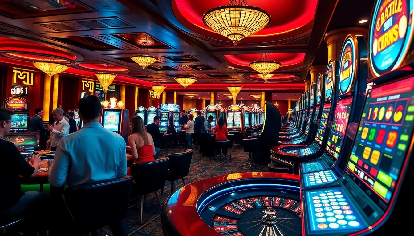 players enjoying free credit live22 at an exciting casino with roulette and vibrant slot machines
