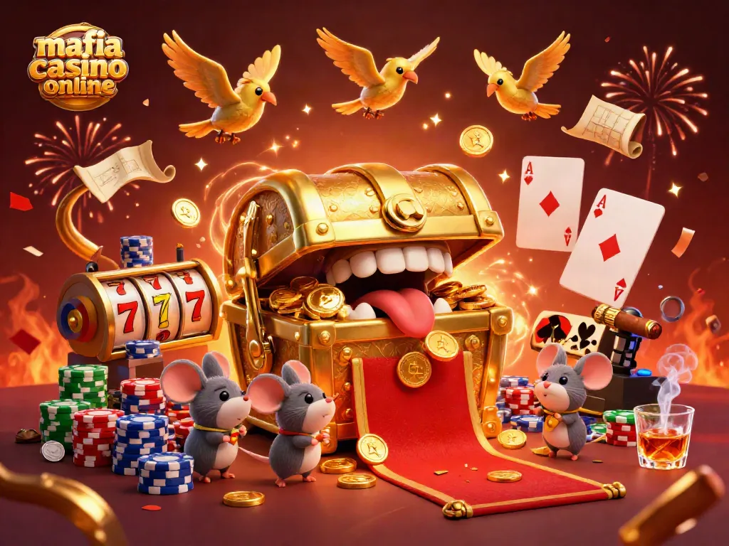 Engage with the thrilling experience at mafia casino online, featuring animated treasure, cards, and slot machines.