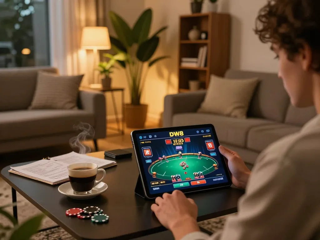 Player engaging with DW8 online casino on tablet, showcasing a strategic poker game setup in a cozy living room.