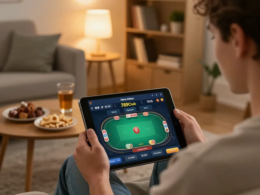 Person playing poker on the 789Club app in a cozy living room setting, showcasing online gambling.