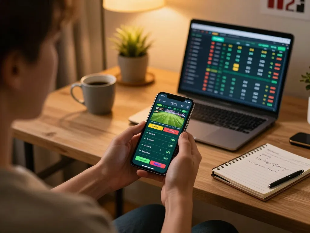 Engaging sports betting moment on https://suncity.global/ with smartphone, displaying live odds and strategic notes.