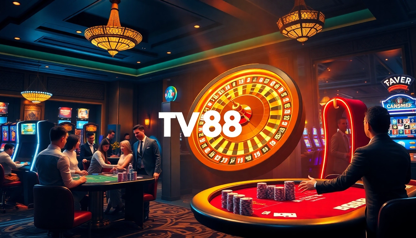 Players enjoying exciting games at TV88 casino with roulette wheel and poker table.