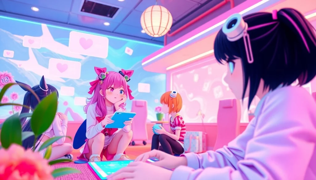 Interactive scene depicting engaging hentai AI chat characters in a colorful digital landscape.